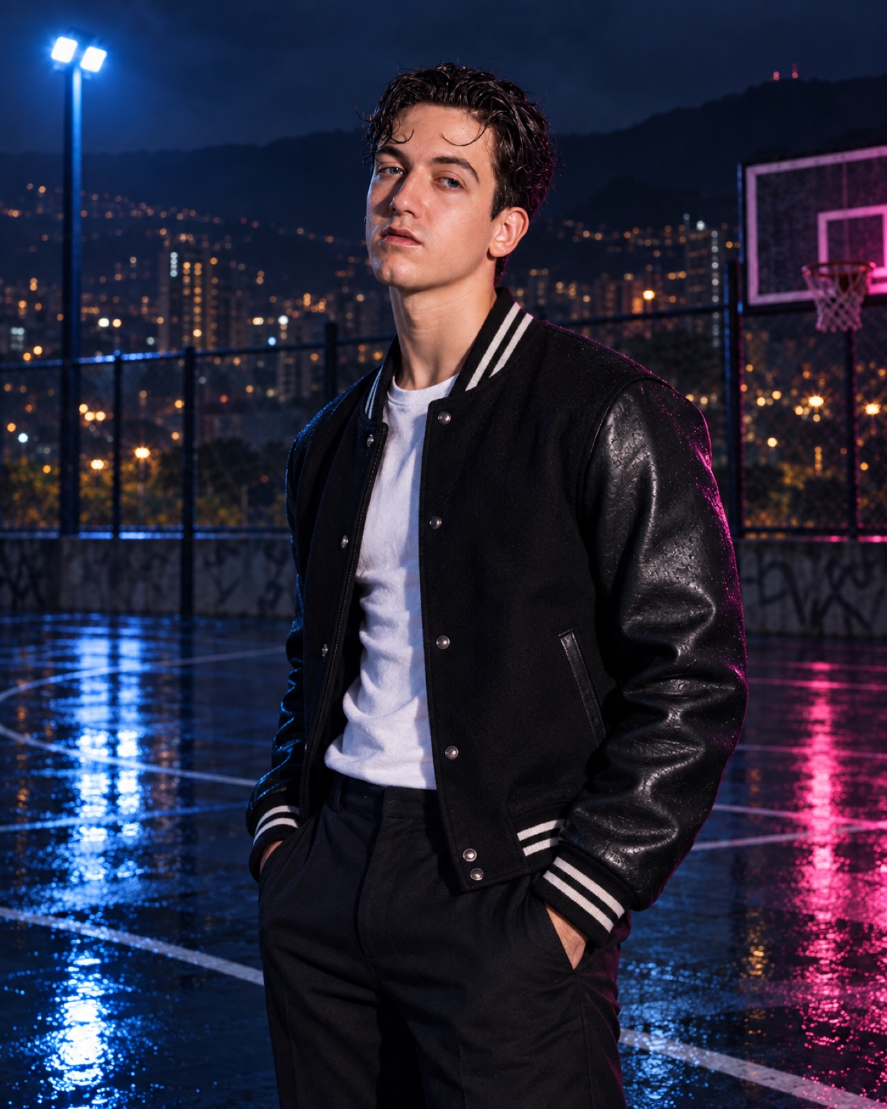Retrato editorial de Jay Avelo en una cancha de baloncesto