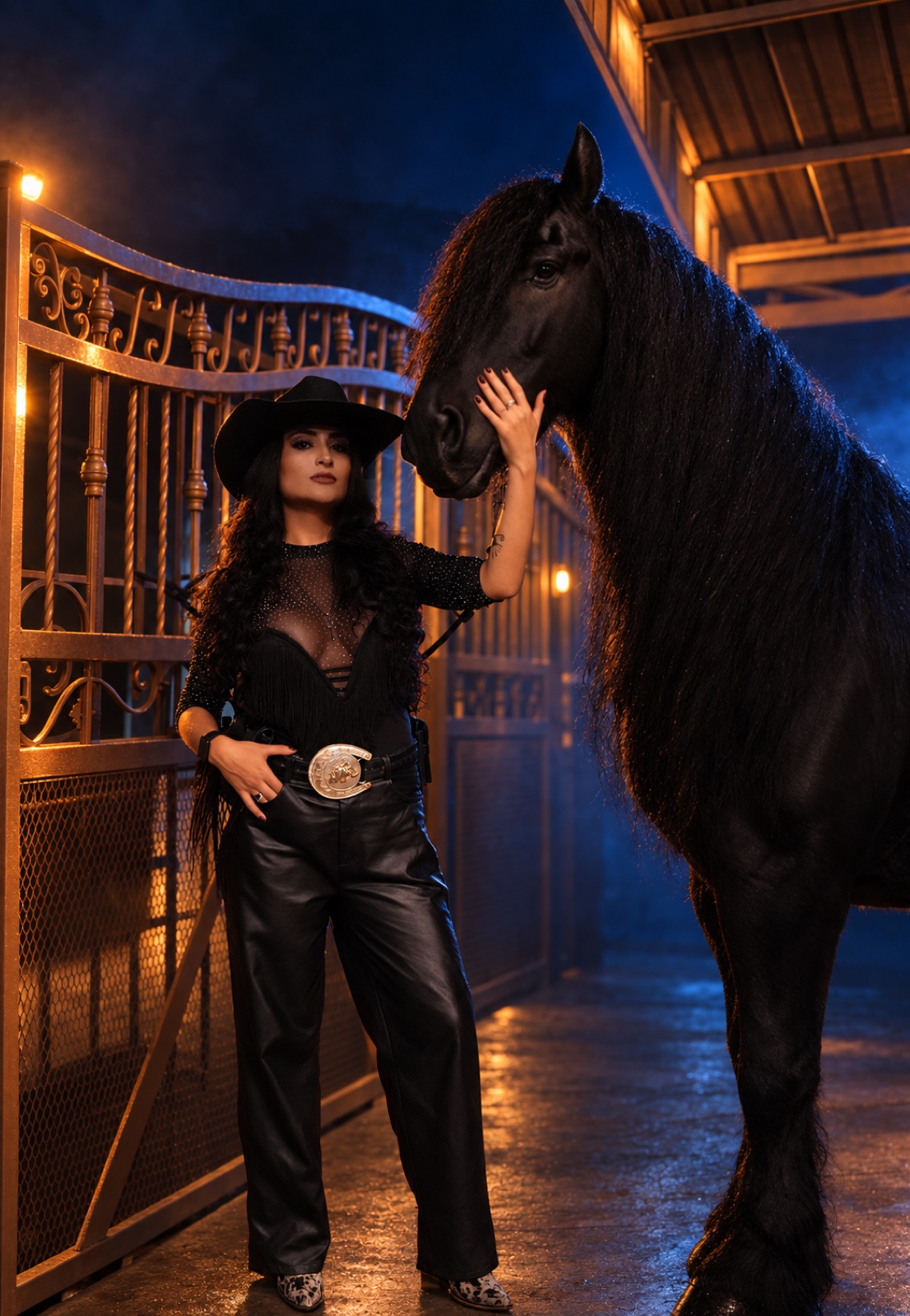 Sabrina Cantor junto a un caballo criollo en una caballeriza nocturna