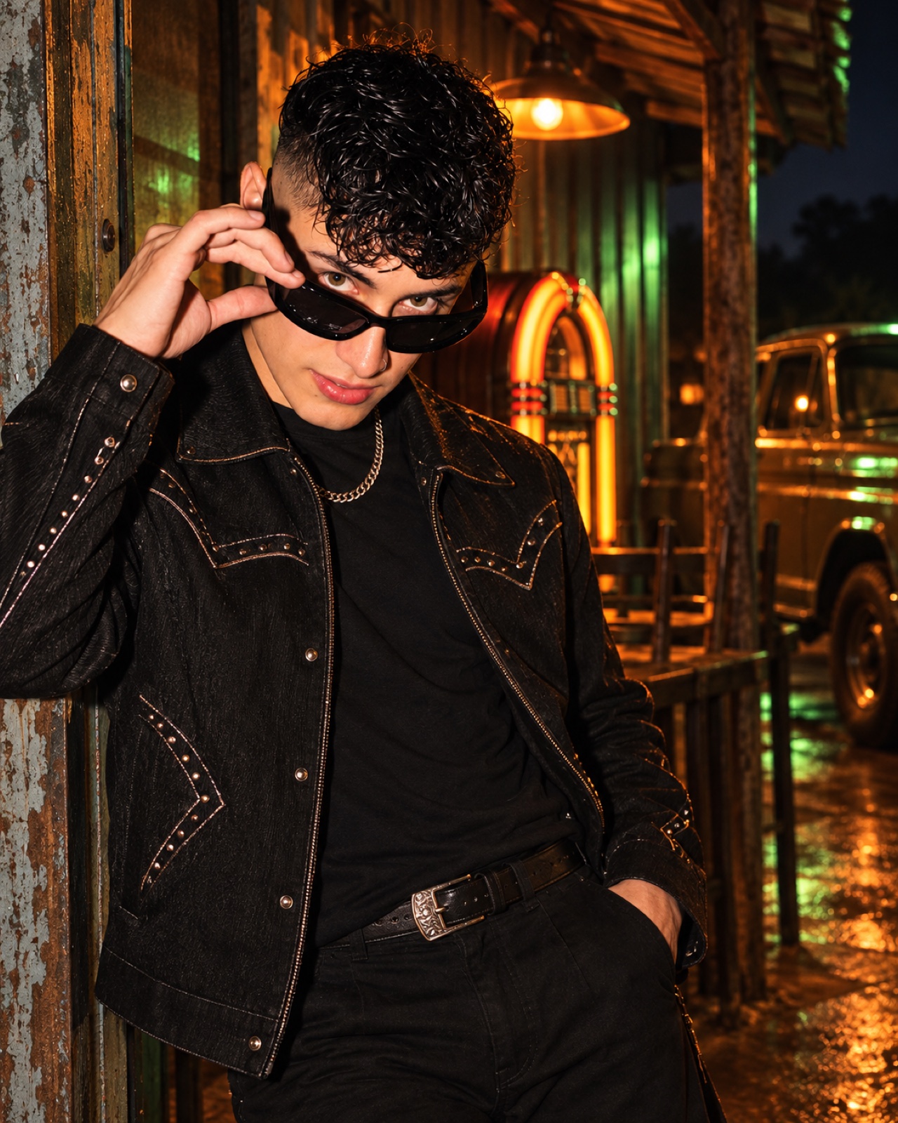 Retrato editorial de YED en una cantina nocturna
